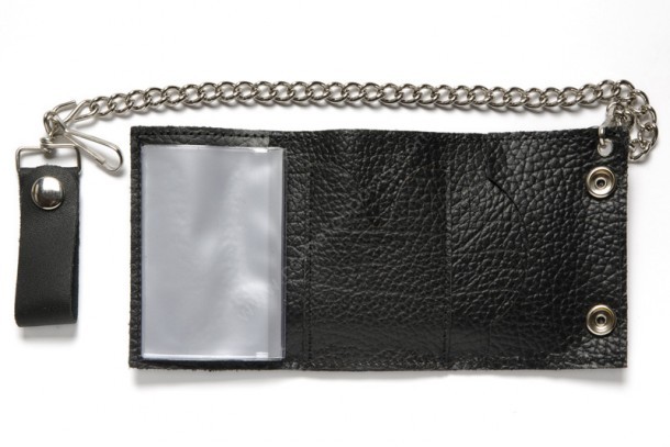 Pocket size plain black leather chain wallet