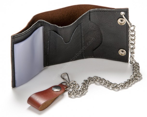 Buy right now at our specialized online shop this small size biker style basic chain wallet made with cognac distressed cow leather in the USA.