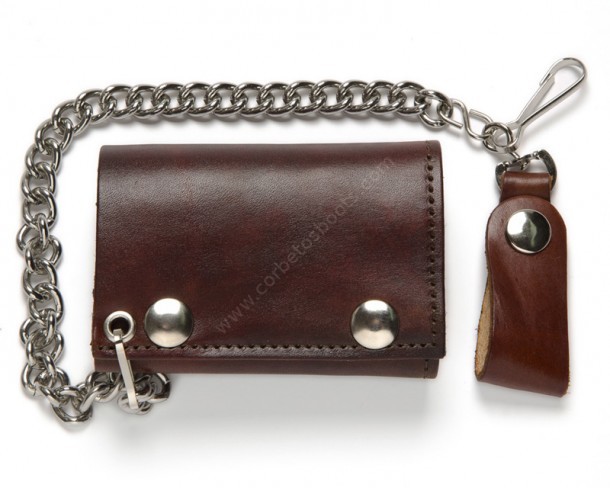 Buy right now at our specialized online shop this small size biker style basic chain wallet made with cognac distressed cow leather in the USA.