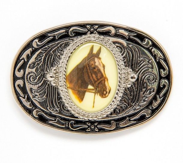 Get right now from our cowboy / western riding online store this nice oval belt buckle with a pictured horse head in a relief silver metallic frame.