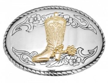 Golden cowboy boot with spur western buckle