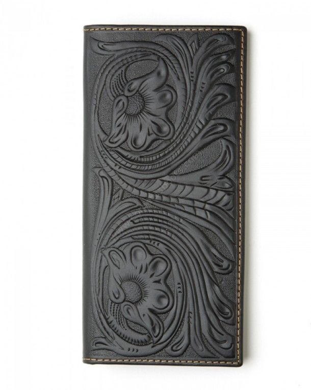 53-MWLW001BK | Billetera cowboy cuero grabado negro con filigranas florales