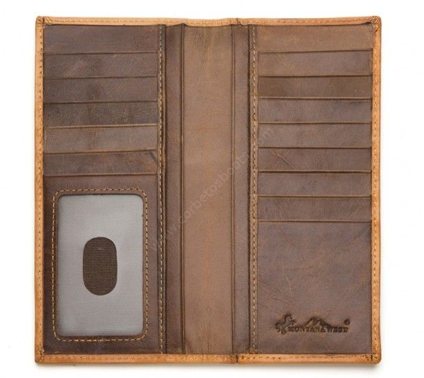 53-MWLW001BR | Embossed light brown cowhide cowboy wallet with floral motifs