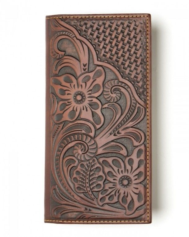 53-MWLW005CF | Embossed dark brown leather cowboy wallet with floral motifs