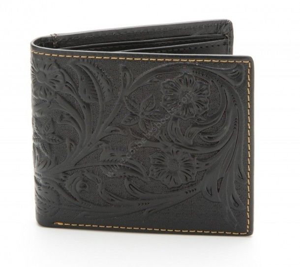 Get from our online western / country shop this cowboy tooled black genuine cow leather wallet with a floral and leaf relief and inside zipper.
