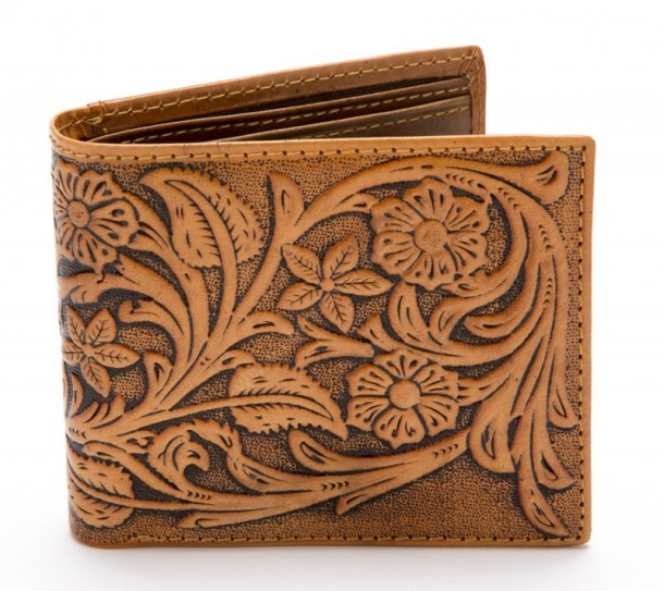 Engraved natural leather cowboy wallet with floral design
