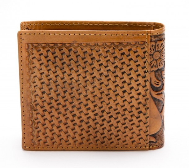 Engraved natural leather cowboy wallet with floral design