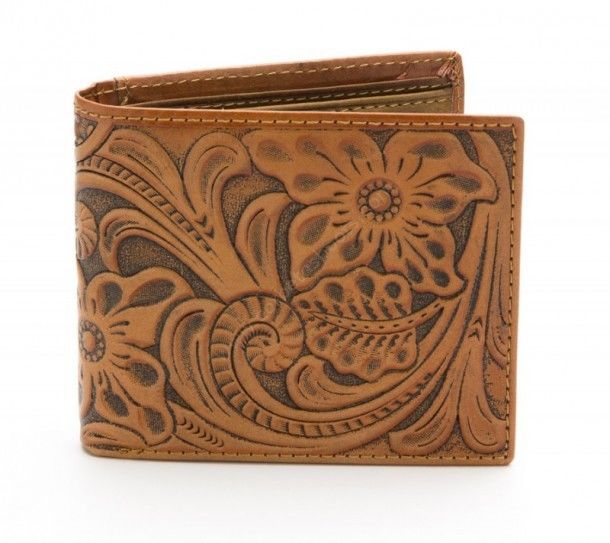 Engraved cowboy cream coloured leather wallet with flower filigrees
