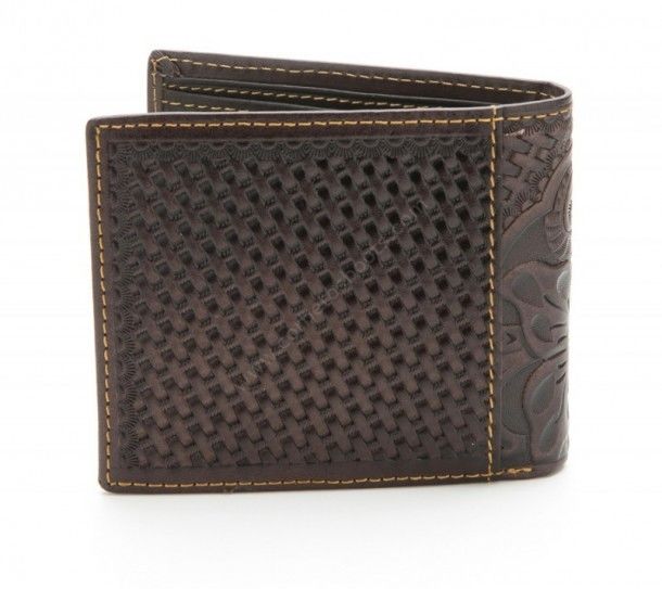 Get from our online western / country shop this cowboy tooled black genuine dark brown leather wallet with a floral and leaf relief and inside zipper.
