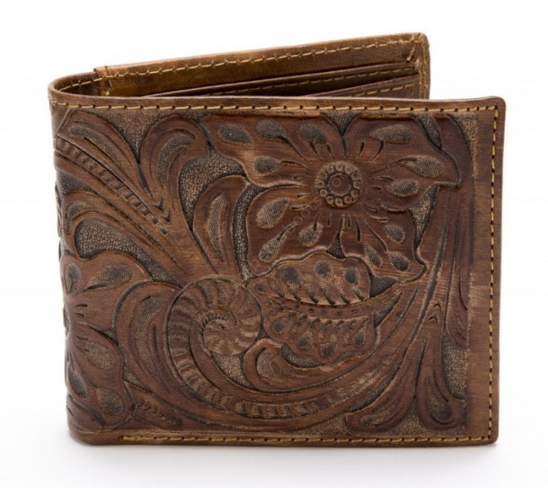 Get from our online western shop this cowboy tooled black genuine vintage brown leather wallet with a floral and leaf relief and inside zipper.