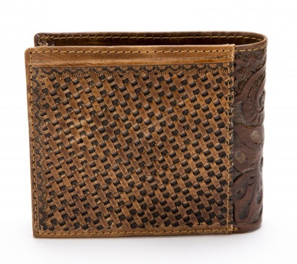 Get from our online western shop this cowboy tooled black genuine vintage brown leather wallet with a floral and leaf relief and inside zipper.
