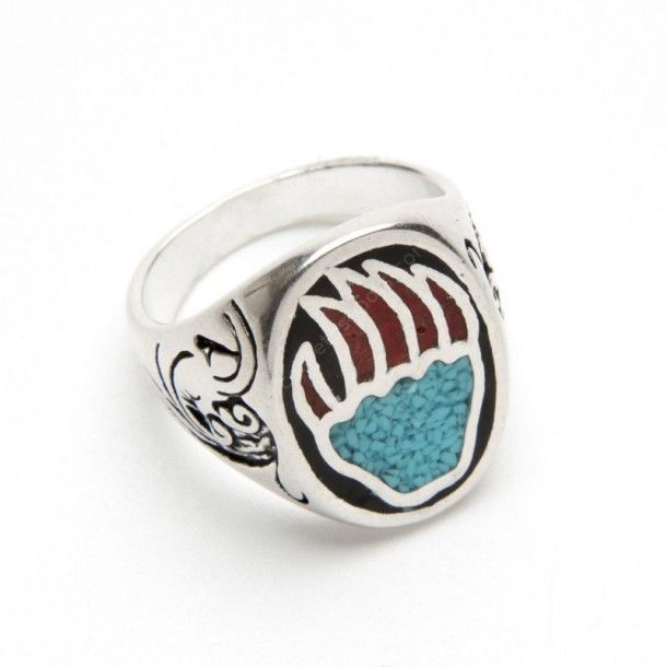 53-R41 | Bear claw indian ring with turquoise and coral chips