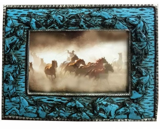 Running blue horses western photo frame