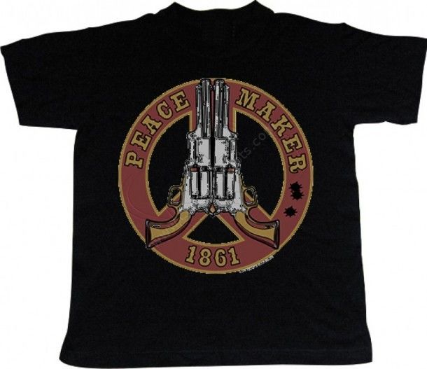 Find and buy at our online store this western and rocker style black t-shirt with two Colt Peacemaker handguns and other cool shirts and vests.