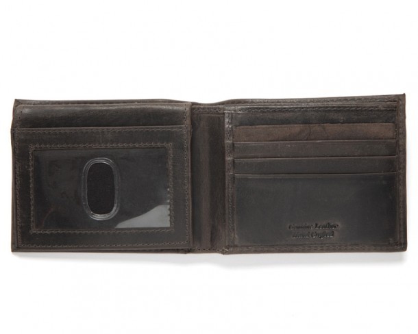 Very compact distressed black leather wallet with protective plastified flap