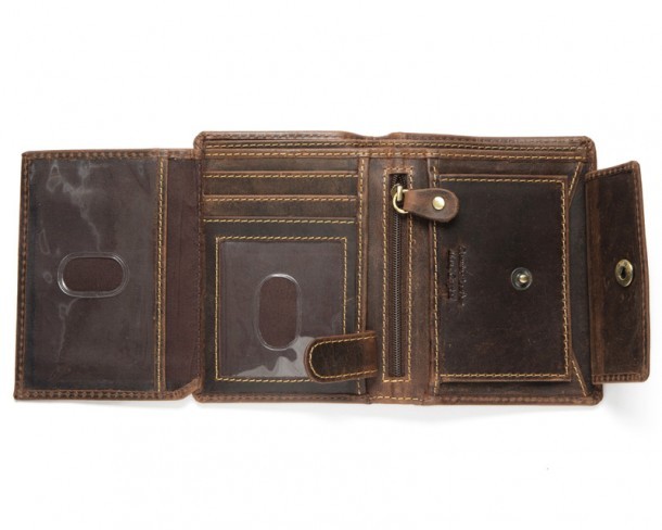 Tanned brown leather big space trifold wallet with press stud buttoned coin pocket