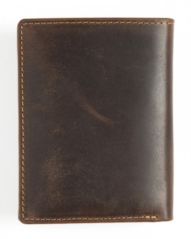 Tanned brown leather big space trifold wallet with press stud buttoned coin pocket