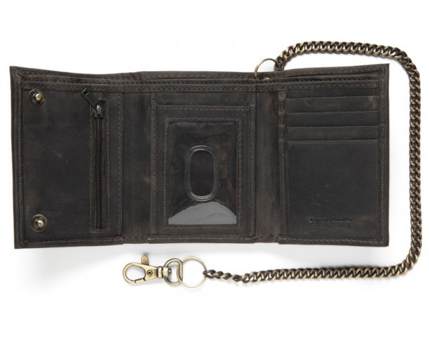 Biker style reduced size distressed black leather wallet with antique gold look chain
