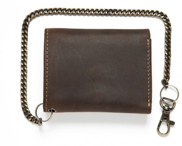 Small-sized plain greased brown leather biker wallet with brass look chain