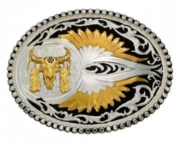 56-61214-447M | Hebilla Montana Silversmiths chapada plata y oro calavera búfalo