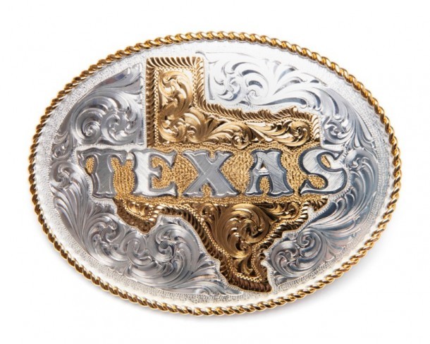 Hebilla ovalada contorno estado de Texas chapada en plata y oro