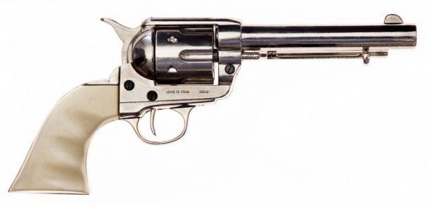 Chrome plated Colt revolver replica with ivory look handle