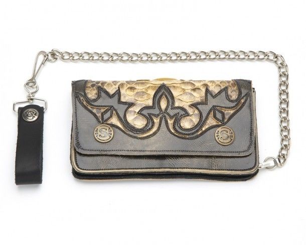 Snake skin and distressed leather Sendra biker style chain wallet