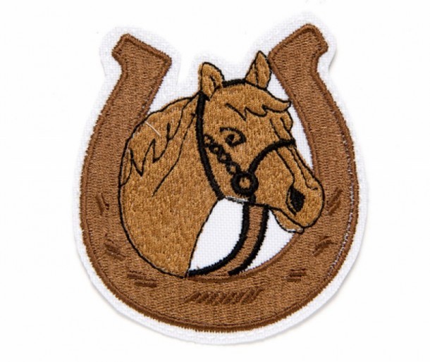 Horseshoe shape patch with brown horse and reins
