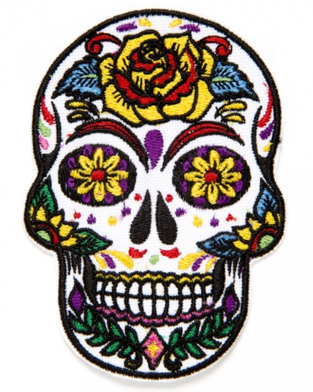 Mexican sugar skull clothing patch with yellow and red flowers