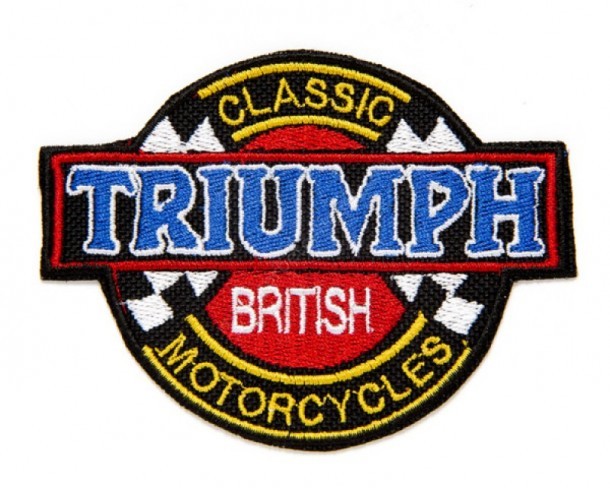 Compra en nuestra tienda online este parche motorista custom para ropa de Triumph con su logo vintage de carreras para tu chaleco o cazadora.