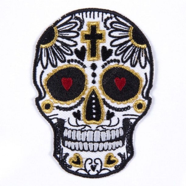 Black and golden cross Mexican sugar skull clothing patch