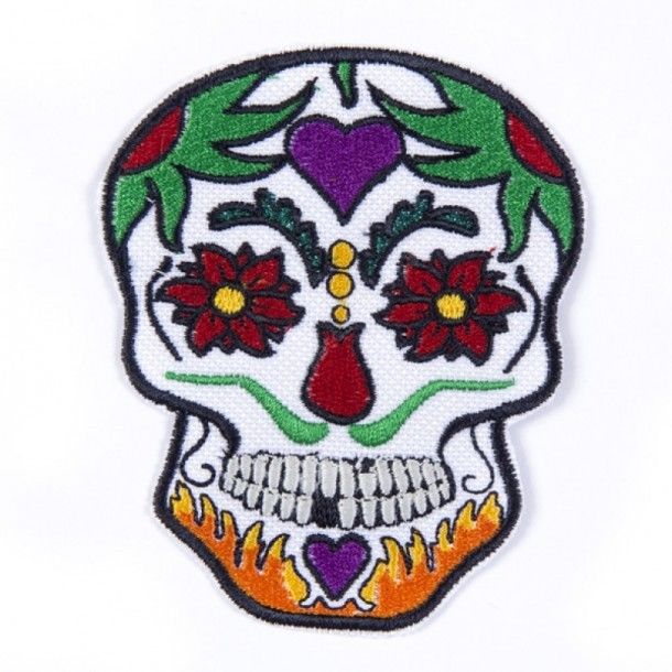 Get now this wonderful mexican sugar skull embroidered patch for your clothes, with violet hearts, flames and full of floral details all over.