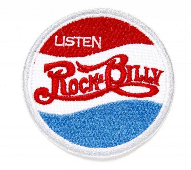Compra en nuestra tienda online este parche redondo de estilo rocker "Listen Rockabilly" con el diseño de una marca famosa de bebidas de cola.