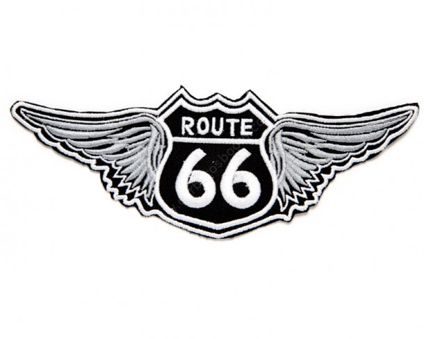 Compra en nuestra tienda online este parche bordado motero con la señal negra original de la Ruta 66 con alas, para ropa textil y prendas de cuero.