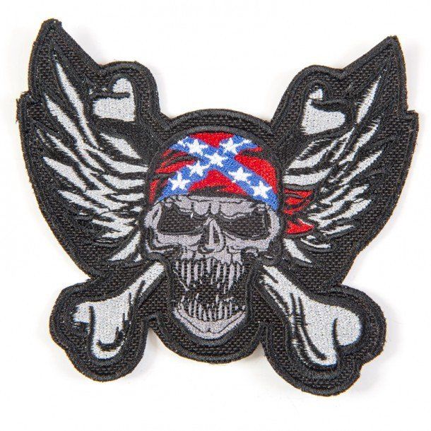 Winged skull head with Southern bandana flag biker patch