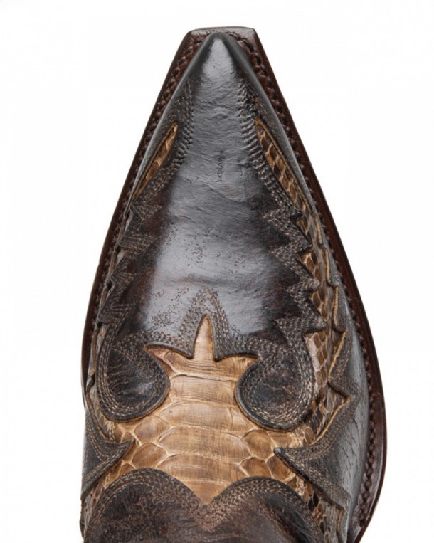 Distressed look mens Sendra cowboy boots with cinnamon brown python skin
