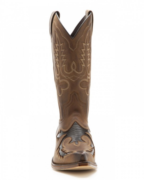 Tanned brown mens Sendra cowboy boots with cow leather faux reptile skin