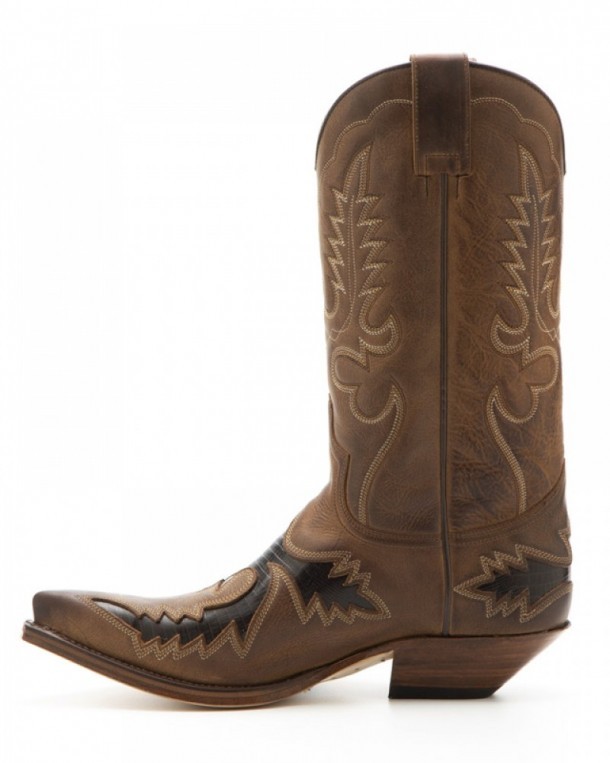 Tanned brown mens Sendra cowboy boots with cow leather faux reptile skin