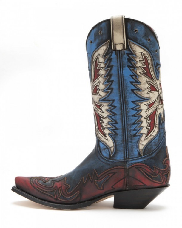 Botas moda cowgirl Sendra combinación cuero azul, rojo y blanco