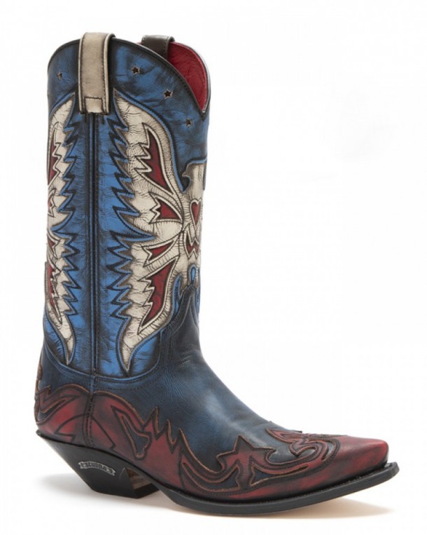 Botas moda cowgirl Sendra combinación cuero azul, rojo y blanco