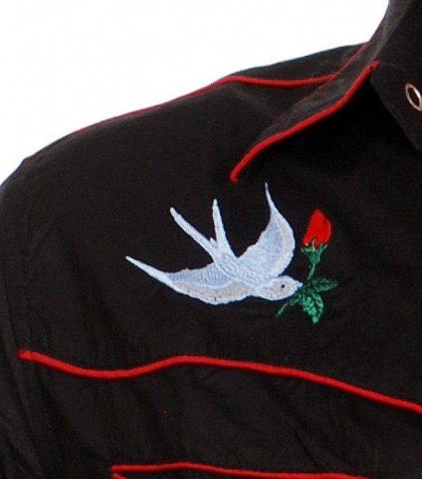 70-Tatoo Swallow | Camisa rockabilly negra para hombre con golondrinas bordadas