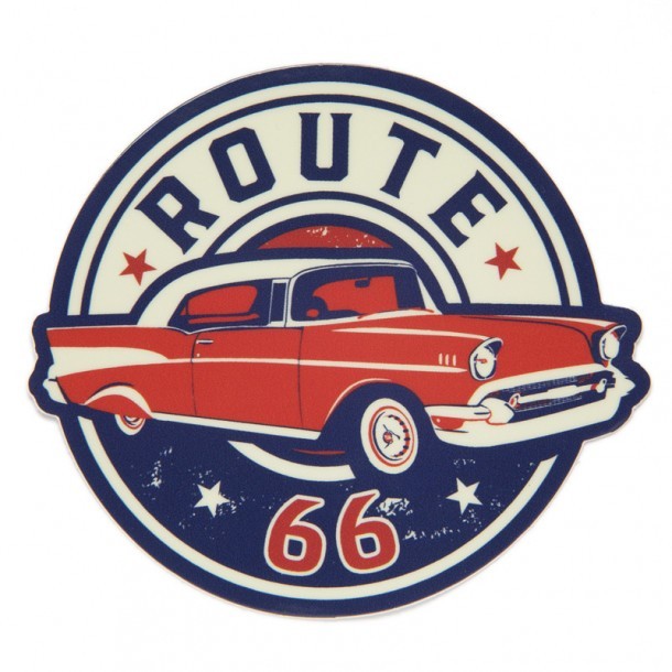 Red American sedan Route 66 sticker