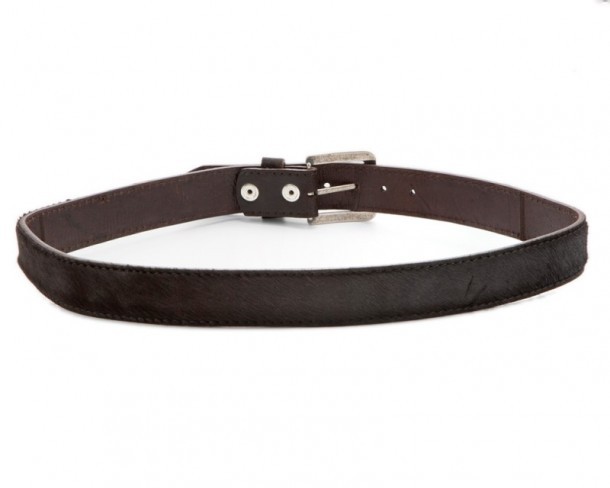 Brown cow hair western style belt with white and cream color inlays