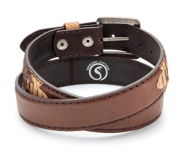 Brown leather double tone western style belt with sand colored python skin