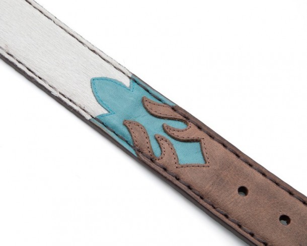 Tanned brown and turquoise blue leather cowgirl belt with white cow hair