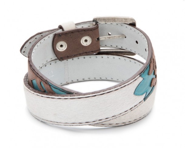 Tanned brown and turquoise blue leather cowgirl belt with white cow hair