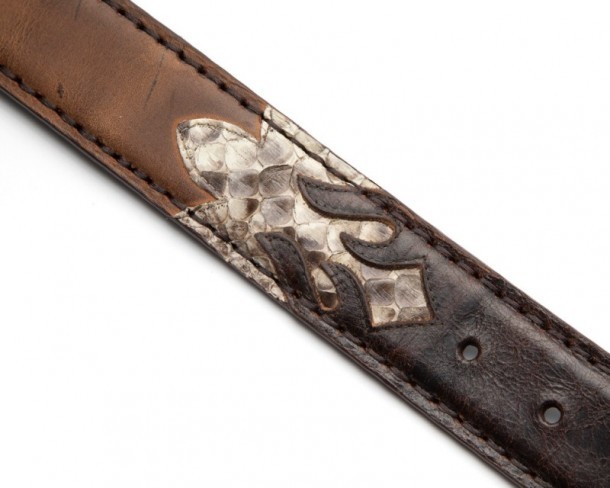 Distressed and tanned brown leather western fashion belt with genuine python skin