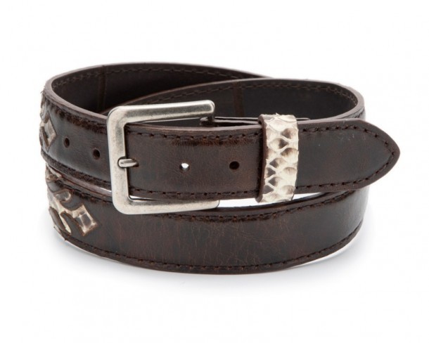 Distressed and tanned brown leather western fashion belt with genuine python skin