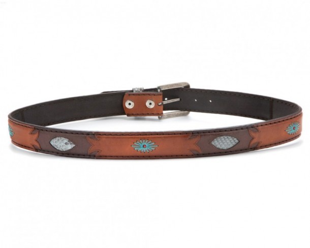 Original Belts cognac and dark brown cowboy leather belt with blue python skin
