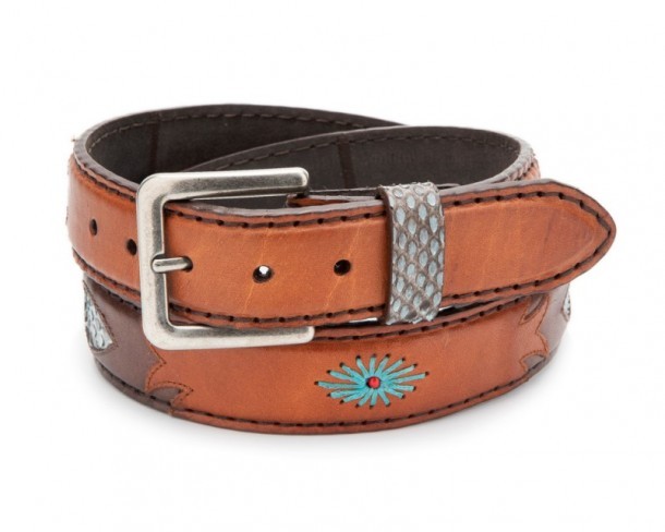 Original Belts cognac and dark brown cowboy leather belt with blue python skin